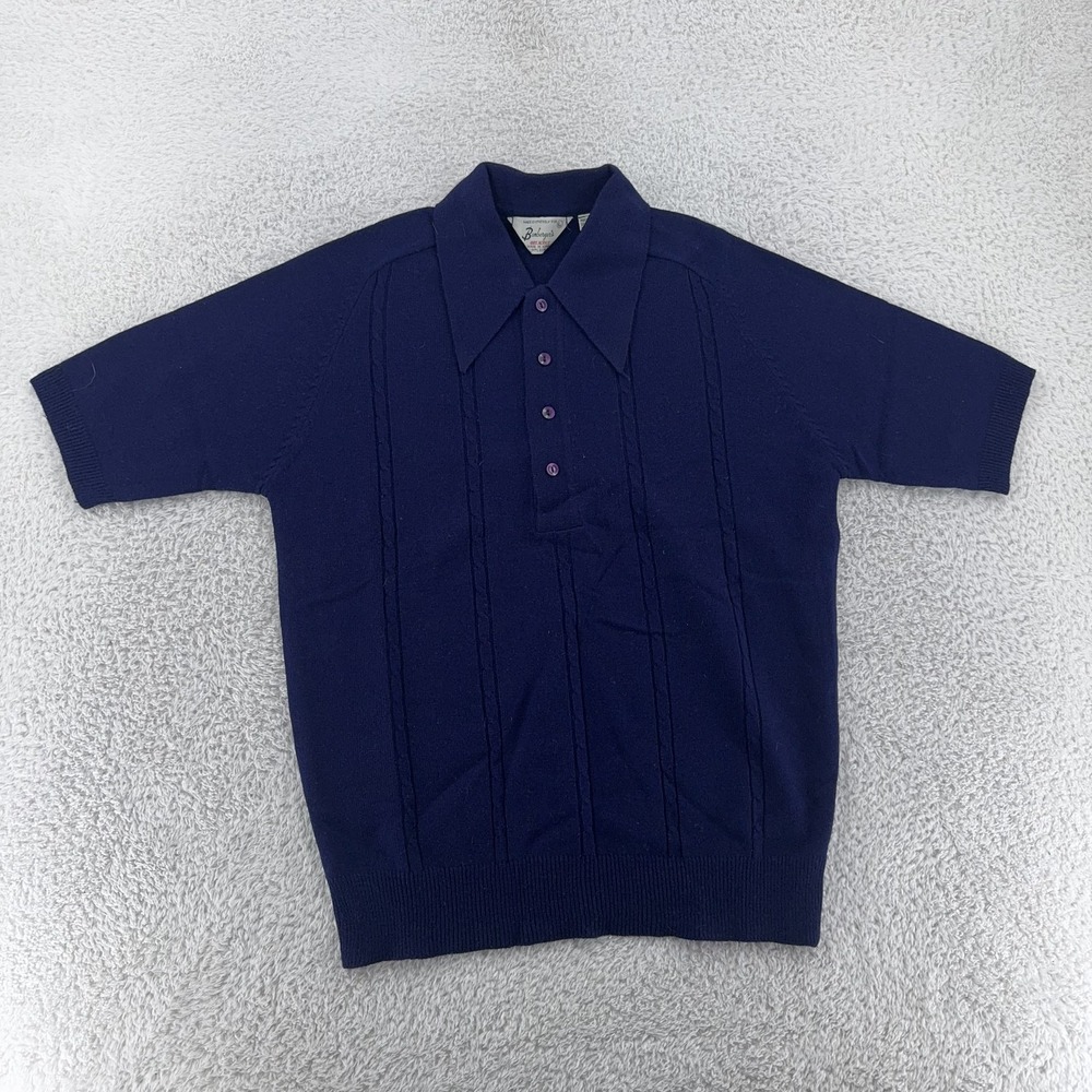 Vintage 70s Bamberger's Short Sleeve Knit Sweater‎ Mens S/M Navy Blue Acrylic